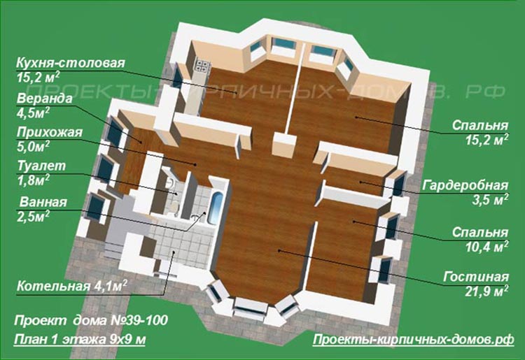 Дом 9х9 одноэтажный планировка с 3 спальнями